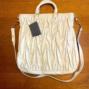 Miu Miu Matelasse Cream Pleated Leather Tote Shoulder Bag Purse